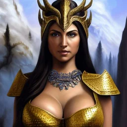 ultra detailed fullbody Portrait in oil on canvas of a beautiful busty woman with Skyrim dragon priest mask and armor,extremely detailed digital painting, extremely detailed face,crystal clear Big eyes, mystical colors ,perfectly centered image, perfect composition,rim light, beautiful lighting, 8k, stunning scene,extremely sharp detail, finely tuned detail, ultra high definition raytracing, in the style of robert e howard and pablo oliveira and Ken Kelley and Ohrai Noriyoshi and Simon Bisley