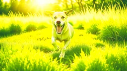 ((cheerful dog, running, grassy field), sunny, bright, (golden hour lighting), soft focus, vibrant colors), polaroid, photograph, professional photograph, (high resolution, cinematic composition, telephoto lens)