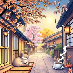 Create a book cover for "Cozy Japan Coloring Book" featuring a tranquil street scene in a traditional Japanese village during early autumn. Delicate maple leaves drift through the air, while warm lantern light glows from small wooden houses with sliding paper doors. A peaceful cat naps on a tatami mat by the door, and steam curls up from a teacup on a windowsill. Cherry blossom trees mingle with golden foliage in the background, and soft light spills over the rooftops. The scene is rich with tex