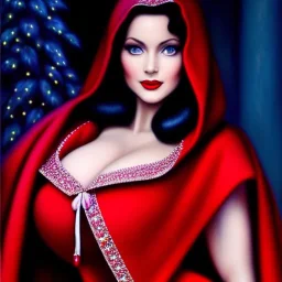 Ultra detailed fullbody Portrait in oil on canvas of beautiful busty mature Snow White with red cape with hoodie,extremely detailed digital painting,ultrarealistic skin,intense stare, extremely detailed face, crystal clear eyes, mystical colors ,perfectly centered image, perfect composition, rim light, beautiful lighting,masterpiece ,8k, stunning scene, raytracing, anatomically correct, in the style of Simon Bisley and uncannyknack and Ohrai Noriyoshi and robert e howard and Steve Jung.