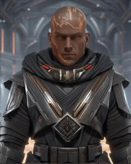 star wars bald male corellian jedi wearing gunmetal grey and black old republic armored flightsuit with gold and metallic red trim inside the jedi temple, centered head and shoulders portrait, hyperdetailed, dynamic lighting, hyperdetailed background, 8k resolution, volumetric lighting, light skin, fully symmetric details