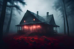 realistic scene surrealis horror cabin in the forest, bold mist, fog, cinematic, dramatic lighting