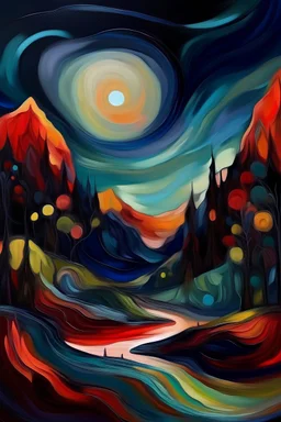 Abstract painting of landscape at night