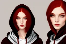 A sassy beautiful woman with dark brown eyes and shoulder length red hair wearing a black hoodie. Realistic.