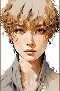 Portrait of a young female with long curly bangs covering her forehead. Include gray eyes, with a caramel skin complexion. Draw the portrait in the style of Yoji Shinkawa.