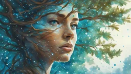 gouache, woman tree glare, sparkles, blue, brown, green, clear lines, detail, fine rendering, high resolution, 4K, photorealism, precise focus, double exposure, fantasy,