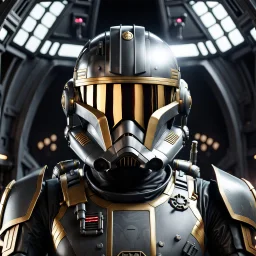 star wars bald male corellian pilot wearing gunmetal grey and black First Order special forces TIE pilot armored flightsuit and helmet with gold trim inside the jedi temple, centered head and shoulders portrait, hyperdetailed, dynamic lighting, hyperdetailed background, 8k resolution, volumetric lighting, light skin, fully symmetric details