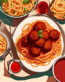 Anime-style table viewed from the top with a dish of spaghetti and meatballs, and a glass of tomato juice next to it, vibrant colors.