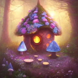 fairy house in the forest, blue and pink lights mushrooms and big flowers around campfire