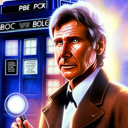 harrison ford as Doctor who standing next to his tardis, —creative