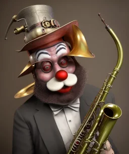 mechanoid old friendly fat clown with trimmed beard playing jazz with a steampunk theme, trumpet, realistic