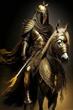 Arab warrior Full Body Full Armored Wearing Face Masculine Mysterious Powerful Fantasy High Quality Carrying his bow Golden clothes His horse behind him