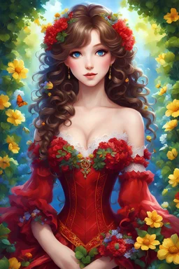 "Create a stunning digital painting of an enchanting anime girl with curly brown hair wearing a mesmerizing red corset dress adorned with intricate floral designs. Her lovely bright blue eyes should exude innocence and allure, and the painting should feature a full body view. Surround her with clover leaves and yellow flowers, and make sure to use vibrant, colorful hues to bring this delightful scene to life."