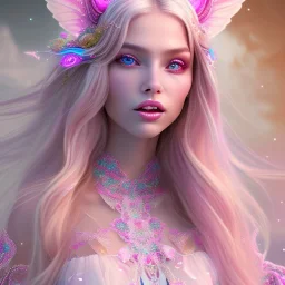 beautiful, soft, big smile face, whole head, long straight blonde hair blues eyes, crown on the head, clothing in transparent bluish and pink veil,fairy wings on the back, background brillante bluish and pink, hight definition, 8K