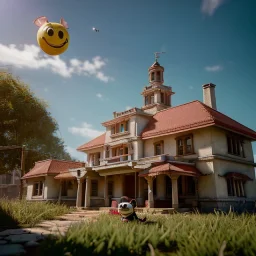 Cartoon pet with a smiley looking at a small house|mdjrny-v4 style| wide angle| intricate detailed| hyperrealistic| cinematic lighting| cinematic colors|hdr | unreal engine