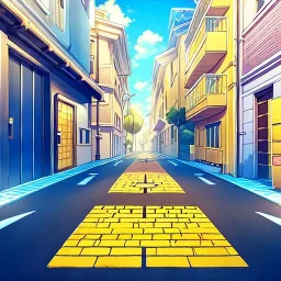 yellow brick road, road signs, arrows, direction, anime girl walking, detail on the girl standing with her back facing