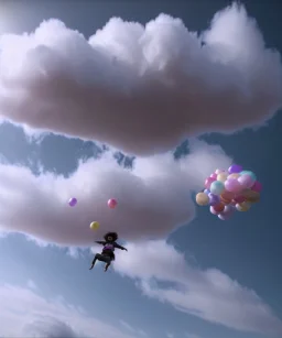 Ultra realistic clouds sky scene, wide angle, medium shot view, color smoke fog, sweet Childs, free jumping flying, trinkets, monster hair, hair monster, jelly beans, balls, smile, happy, circus style, inflatable color clothing, extreme, wind, clouds sea, 20,000 feet altitude, stratosphere, soft color, highly detailed, unreal engine 5, ray tracing, RTX, lumen lighting, ultra detail, volumetric lighting, 3d, finely drawn, high definition, high resolution.