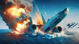 fighter jet shoots missile at passenger 747 plane and it explodes over the ocean