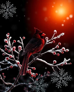 Create the silhouette of a cardinal in containing Double Exposure, a frosted berry woodland at sunrise; delicate branches form feather patterns, soft crimson highlights against snow-white textures, refined Christmas elegance. Background is black with many large snowflakes.