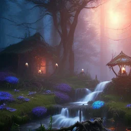 monk in candle light, Dark fantasy concept art, dynamic lighting, Intricately detailed, Splash screen art, deep color, Unreal Engine, volumetric lighting, blue flowers, moss, leather, creek, flowing water, fantasy dark forest artwork,