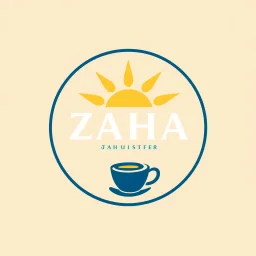 A circular logo with the name (ZAHA) designed for a modern cafe with the sun symbol and turquoise and indigo color and a coffee bean and a coffee cup at the bottom of the logo and a blue circle around the work