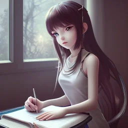 Anime girl studying in room, perfect face, window, nature, unreal engine 5, studio lighting --ar 2:1