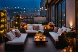 a Roof terrace with sofas, one poof a small table with cocktail and potted plants. The area is lit by string lights, cozy atmosphere. Middle shot from a beauty lady is sitting on the sofa in a nice shiny dress and enjoying the evening atmosphere. the illuminated terrace and the view of the big city in the background makes this environment relaxing and spectacular. high detalied, cinematic