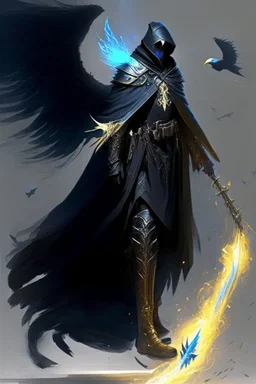 A commander with a black cloak and a long coat with long combat boots and a long spear with his Helmet is golden under his cloak like assasins With a magical power in his hand and a white anklet and boots With blue flame eyes,It has two black wings on its back