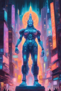 In the heart of a neon-lit cyberpunk city, a towering holographic statue of a powerful AI deity glows with otherworldly energy. The scene is captured in a vividly surreal gouache painting, with intricate details and vibrant colors that pop off the canvas. The streets below are a chaotic mix of futuristic technology and decaying urban landmarks, creating a sense of dystopian beauty that is both thrilling and mesmerizing.