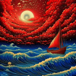 Red Skies at Night: A single integrated pointillist image, animated waves and storm clouds partially occludes the huge moon, nighttime over a trippy tilted storm at sea, sailing ships, strong style of pointillism, style of Mikalojus Konstantinas Ciurlionis, style of Miriam Schapiro, style of Naomi Okubo