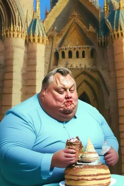 fat viktor orban eating birthday cake in a castle