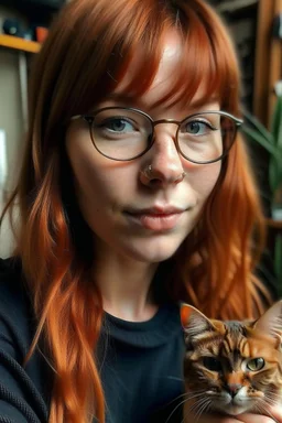 girl with ginger hair in a fringe with glasses and a septum piercing biting a cat