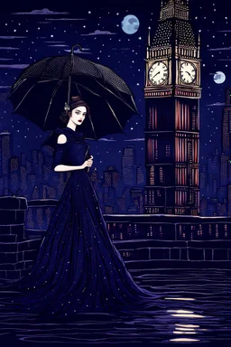 Under a starry umbrella and cityscape dress, she’s the queen of the night—elegant, whimsical, and cool, dark deep colours, atmospheric, weird, crepy stunning