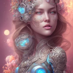 fantasy magic, intricate, sharp focus, illustration, highly detailed, digital painting, concept art, artgerm and paul lewin and kehinde wiley, masterpiece sexy lips with a smile Celtic lady body flowers lady outer space pretty, pink blue