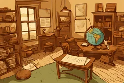 office, Work desk, map globe, village house, old room, minimal, digital painting, vector, illustration, politics, 1900 AD, old, COLORS, cartoon, Letters,