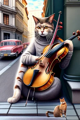 One single mature cat playing violin on the street, Vienna, very friendly, model style, hyper realistic, extremely accurate, delicate, extremely detailed, Graphic novel style, wide-angle, open aperture, superfine pencil