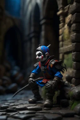 hyper real oil painting of harlequin transported by cable in control in goth ruins background, zeiss prime lens, bokeh like f/0.8, tilt-shift lens 8k, high detail, smooth render, down-light, unreal engine, prize winning