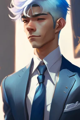 portrait Anime western male cute-fine-face, light brown eyes, sky blue hair, 18, midnight blue suit, pretty face, realistic shaded, fine details. realistic shaded lighting by Ilya Kuvshinov Giuseppe Dangelico Pino and Michael Garmash and Rob Rey, IAMAG premiere, WLOP matte print, masterpiece