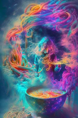 magic noodle soup that is a portal to another dimension with lots of colours and dust girl effects, reality, Raw, by addie digi