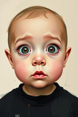 Busch paint style Abstract mean baby look with weird big eyes look to the camera portrait in flat colors