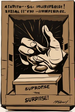 A clawed hand emerging from the top flaps of a cardboard box, the word "surprise" handwritten on the front surface. The box is in a darkened storeroom with a single light source from an ajar door.