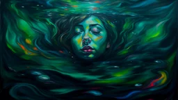 An oil painting with intricate brush strokes and vivid colors, depicting an out of body experience floating face down looking through liquid crystal among amnesiac water. The dark center of the image is shrouded in mystery and intrigue, drawing the viewer in to explore further