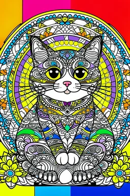 Design an eye-catching cover for a coloring book featuring a friendly, fully colored CUTE cat. Inside the CUTE cat, create colorful mandala designs for complete coloring. In the background, a colorful rectangular mandala pattern , full body, full body cat, full colored body, rectangular mandala patterns in backround