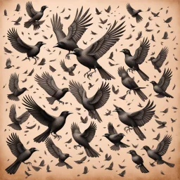 Hyper Realistic sketch of Lots-of-Koel-Birds Flying on a vintage paper