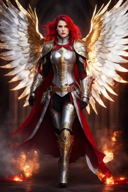 Gorgeous Fullbody Photography Beautiful Woman dressing silver and golden knight steampunk armor with glowing red eyes, and a ghostly red flowing cape, crimson trim flows throughout the armor, golden and silver spikes erupt from the shoulder pads, silver and gold angel wings, crimson hair, spikes erupting from the shoulder pads and gauntlets in hellfire background