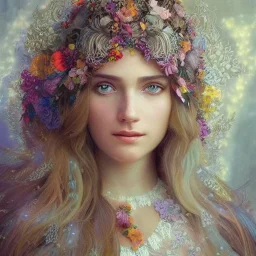 portrait,"Insanely detailed photograph of a beautiful nordic vestal priestess, pretty face, highly intricate dress,colorful flowers in hair,elegant, highly detailed hair, digital painting, artstation, concept art, smooth, sharp focus, illustration, art by artgerm and greg rutkowski and alphonse mucha, 8 k,looking downward