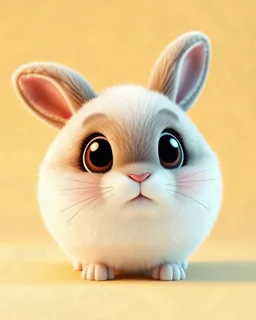 Cute 3D round bunny with big eyes, fluffy and plush texture, soft pastel yellow background, smooth C4D rendering, playful expression, ultra-detailed fur, perfect for dynamic wallpaper