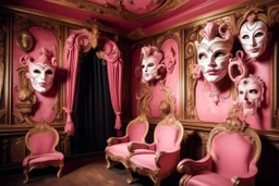 A light pink magical theatre with drama masks painted by Albrecht Durer