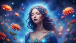 beautyful cosmic girl walking in cosmic blue starry realm to heaven, beautiful face, cosmic bright colour, fronthead cosmic jewel, flower garden, blue water