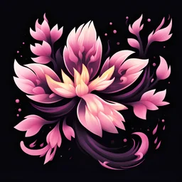 A cartoon-style sakura flower, pink and purple flames on the side, black background
